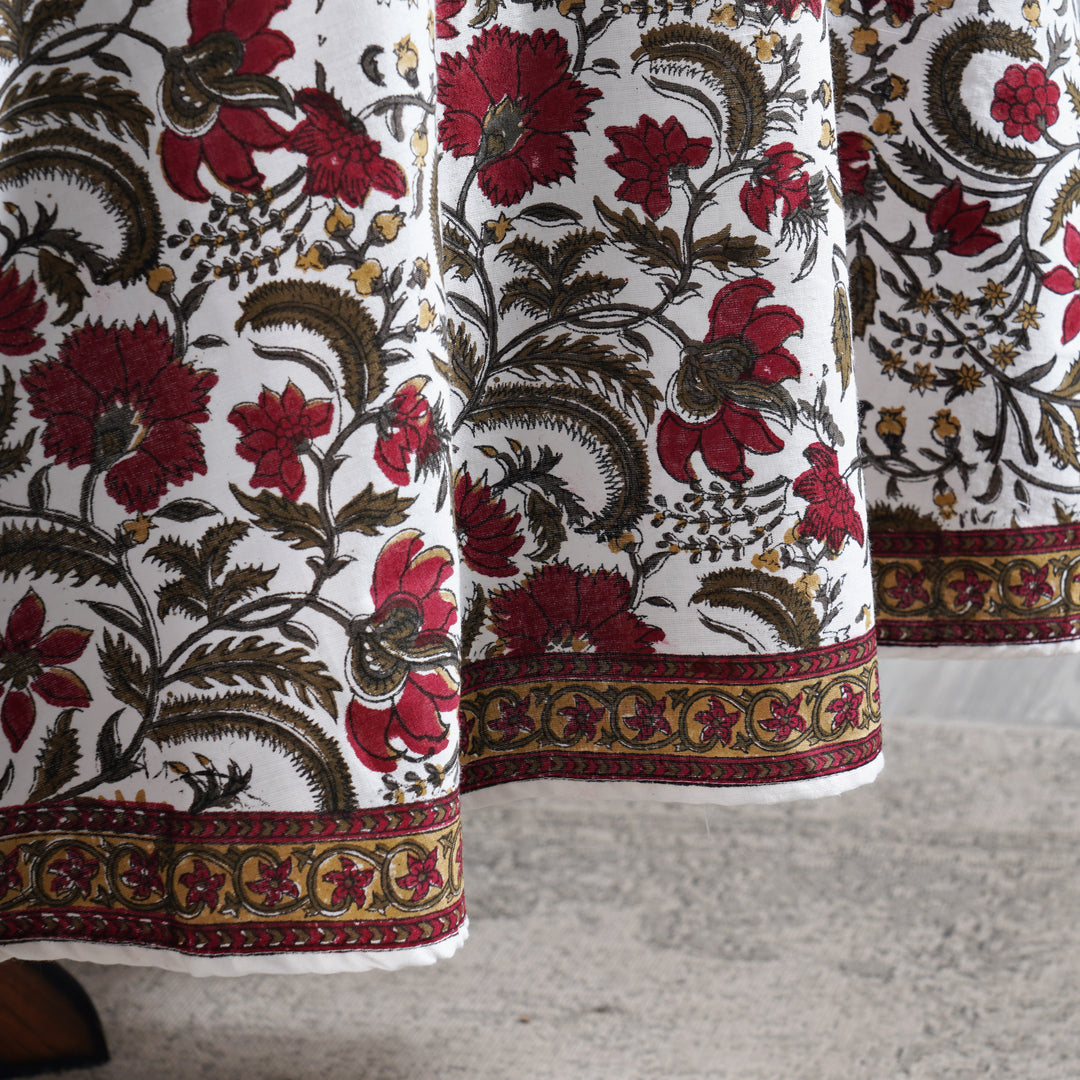 Prune Red, Army Green Indian Floral Hand-Block Printed Cotton Round Tablecloth