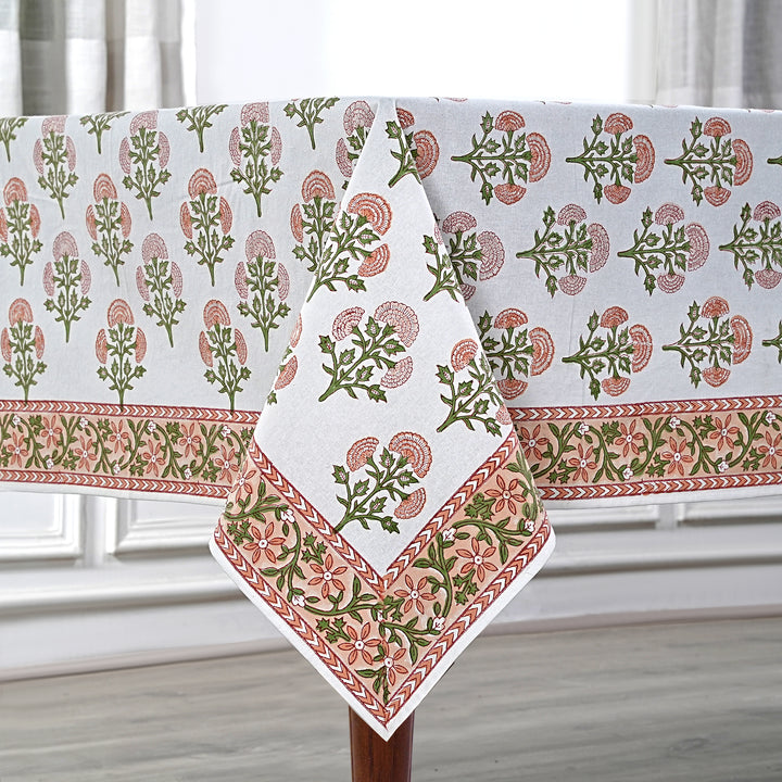 Hand Block Printed Mughal Buta Peach Color Printed Tablecloth Image 1