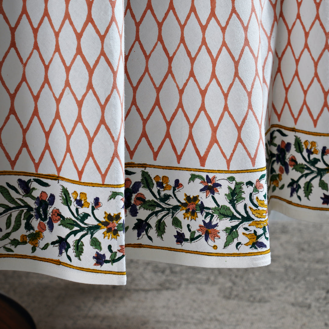 Burnt Orange Indian Floral Hand-Block Printed Cotton Round Tablecloth