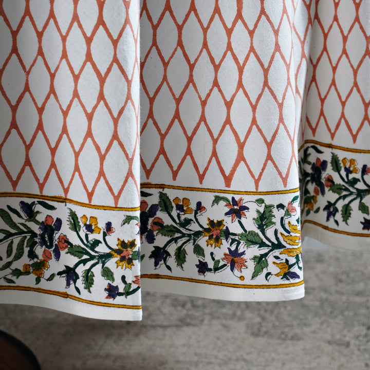 Burnt Orange Indian Floral Hand-Block Printed Cotton Round Tablecloth