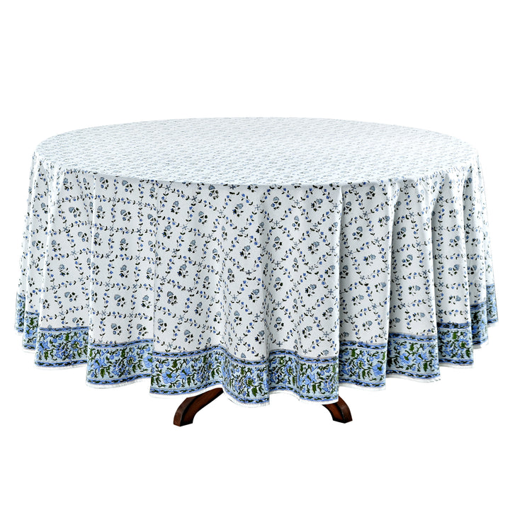 Powder Blue Indian Hand Block Printed Floral Round Tablecloth 100% Cotton Fabric Table Cover