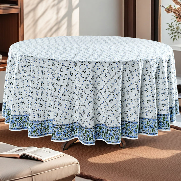 Powder Blue Indian Hand Block Printed Floral Round Tablecloth 100% Cotton Fabric Table Cover