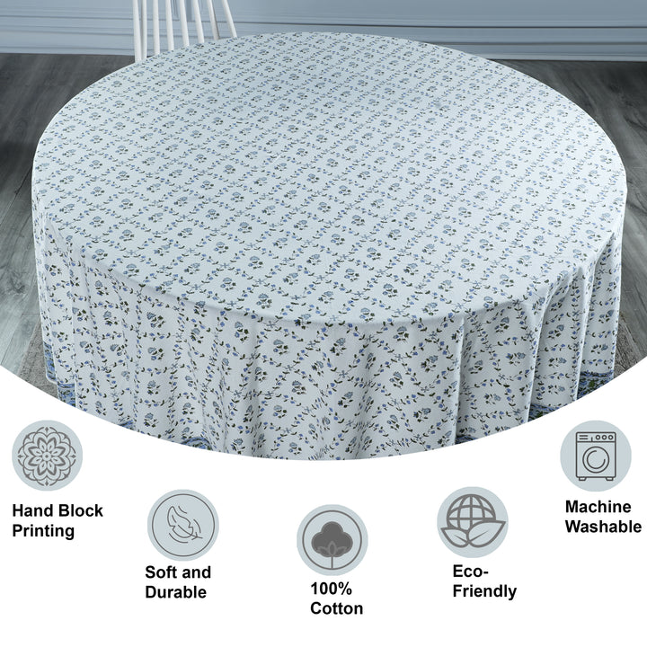 Powder Blue Indian Hand Block Printed Floral Round Tablecloth 100% Cotton Fabric Table Cover