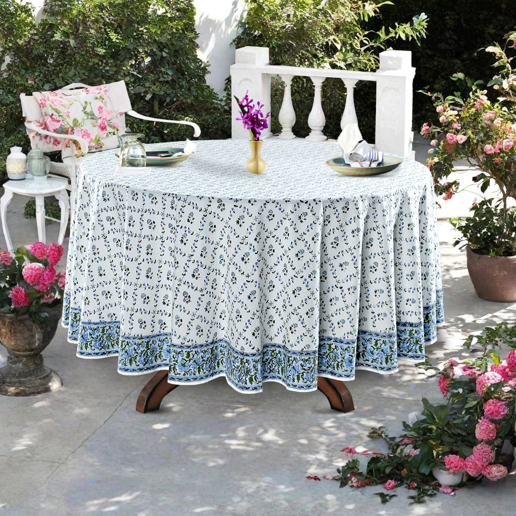 Powder Blue Indian Hand Block Printed Floral Round Tablecloth 100% Cotton Fabric Table Cover