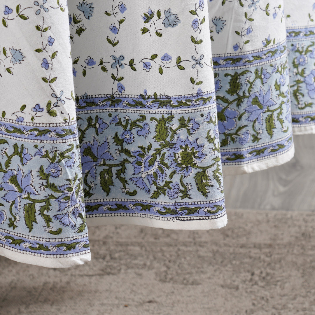 Powder Blue Indian Hand Block Printed Floral Round Tablecloth 100% Cotton Fabric Table Cover