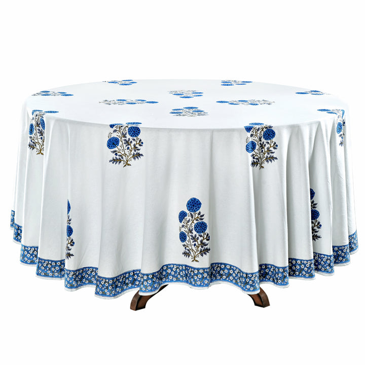 Lapis Blue Indian Floral Hand-Block Printed Cotton Round Tablecloth