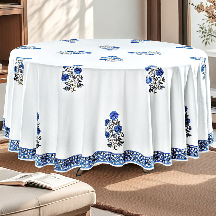 Lapis Blue Indian Floral Hand-Block Printed Cotton Round Tablecloth