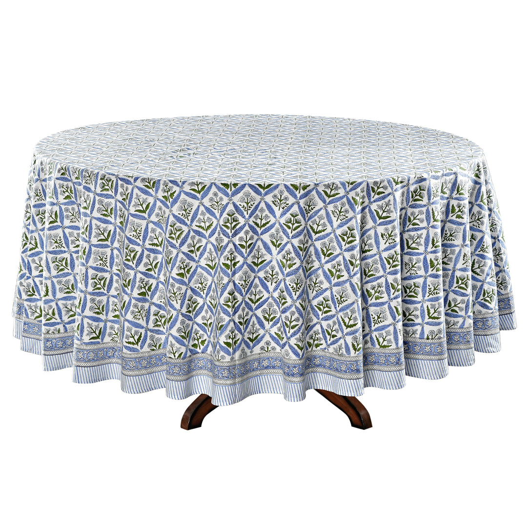 Light Steel Blue Indian Floral Hand-Block Printed Cotton Round Tablecloth