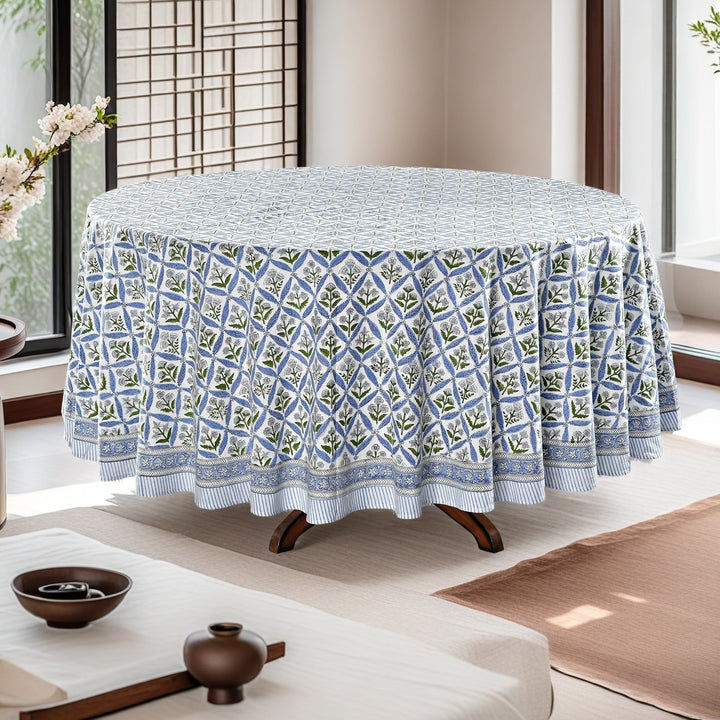 Light Steel Blue Indian Floral Hand-Block Printed Cotton Round Tablecloth