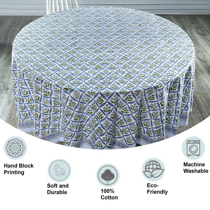 Light Steel Blue Indian Floral Hand-Block Printed Cotton Round Tablecloth