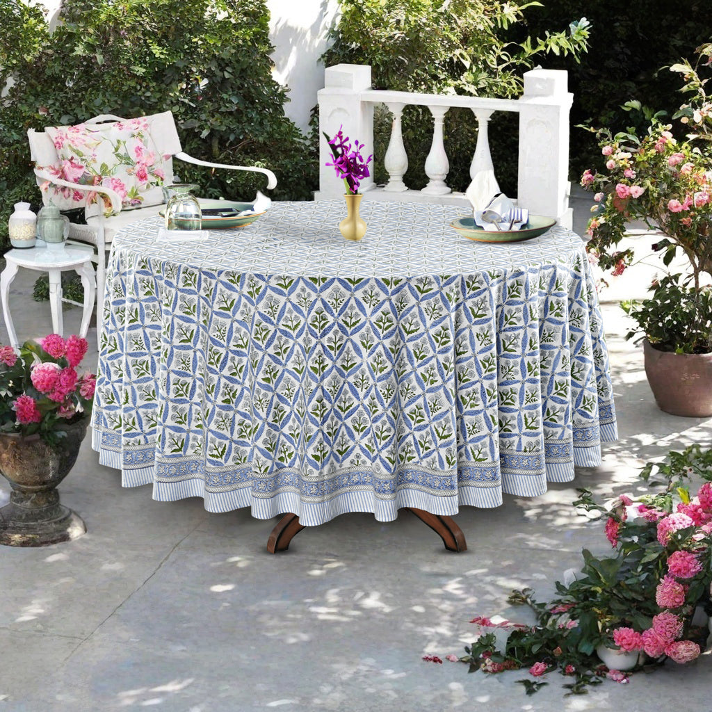 Light Steel Blue Indian Floral Hand-Block Printed Cotton Round Tablecloth