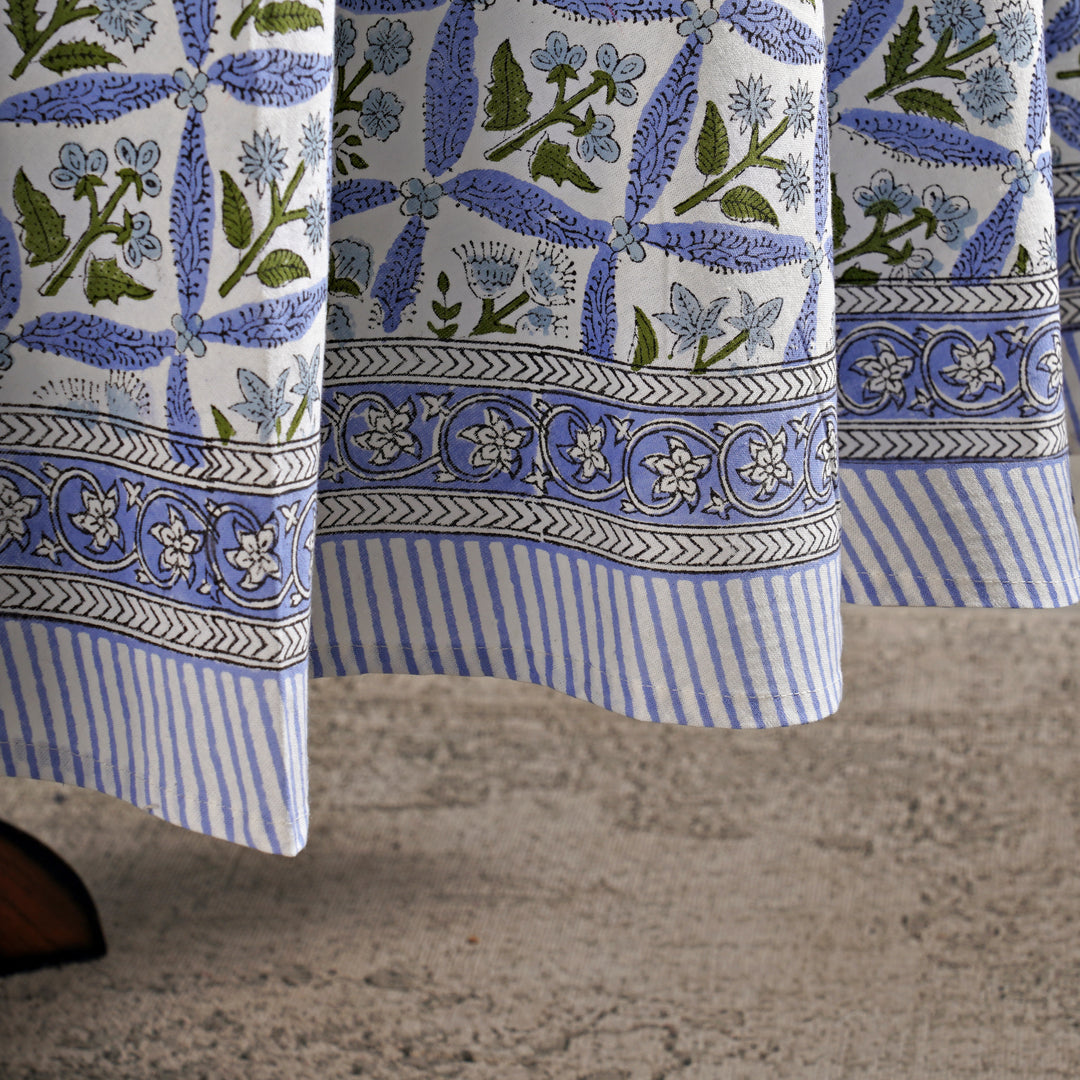 Light Steel Blue Indian Floral Hand-Block Printed Cotton Round Tablecloth