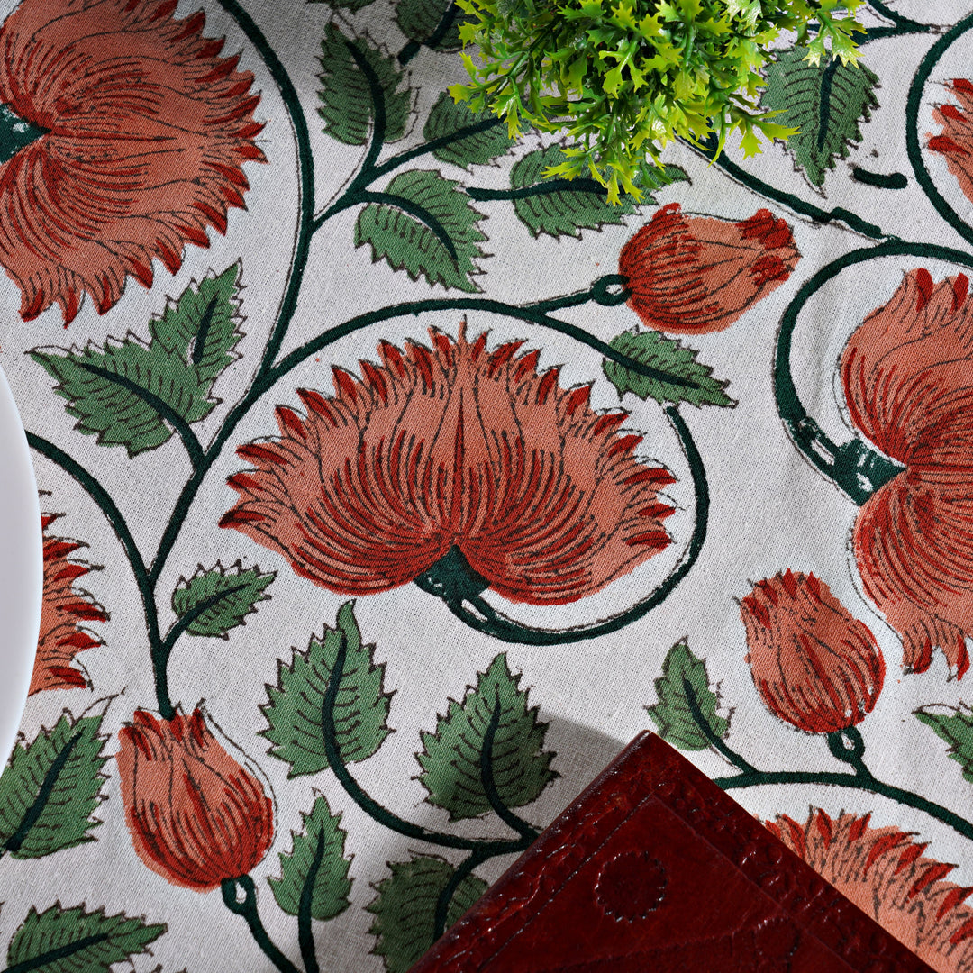 Burnt Orange Indian Floral Hand-Block Printed Cotton Round Tablecloth