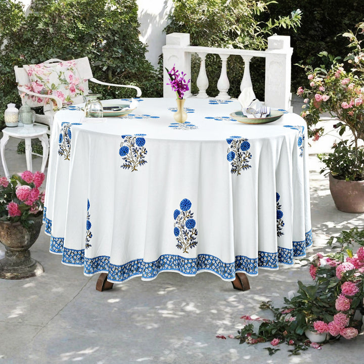 Lapis Blue Indian Floral Hand-Block Printed Cotton Round Tablecloth