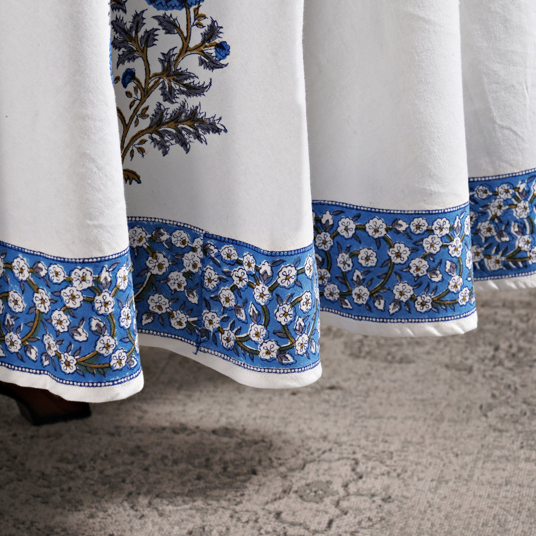 Lapis Blue Indian Floral Hand-Block Printed Cotton Round Tablecloth