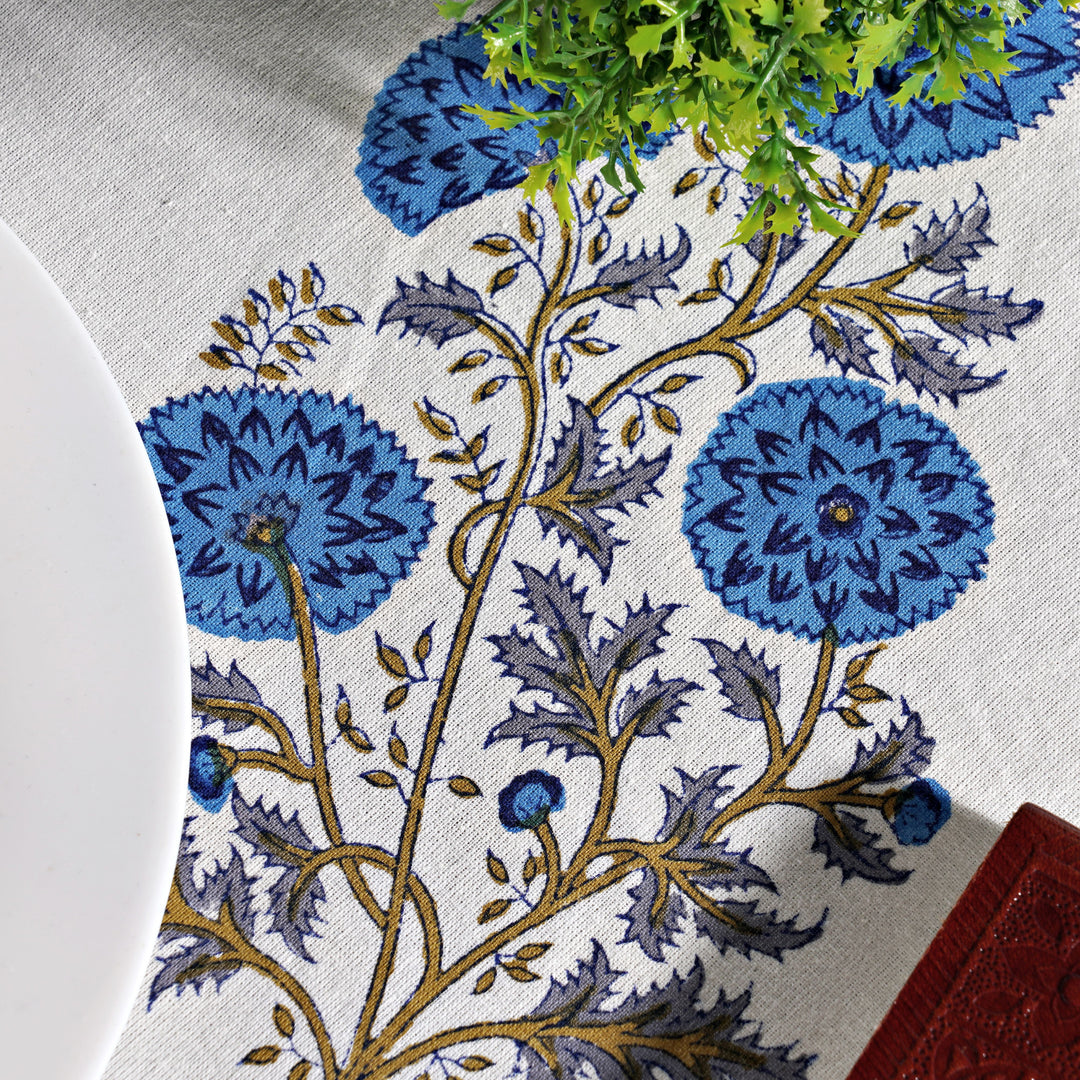 Lapis Blue Indian Floral Hand-Block Printed Cotton Round Tablecloth