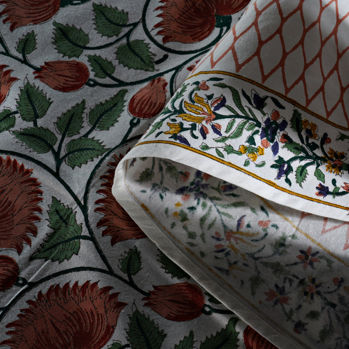 Burnt Orange Indian Floral Hand-Block Printed Cotton Round Tablecloth