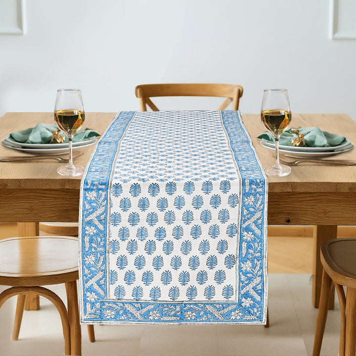 Cerulean Blue Leaf Print Table Runner
