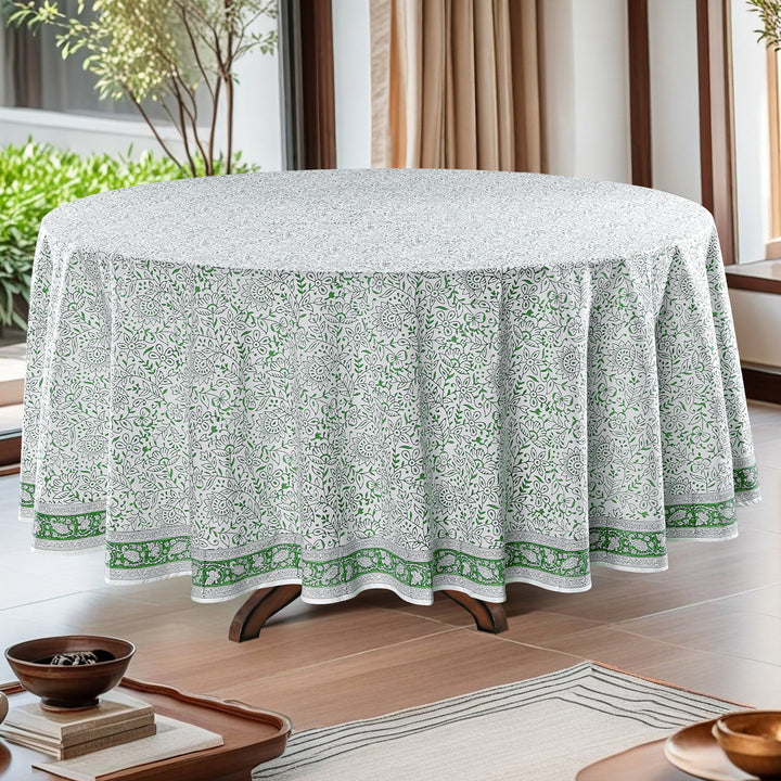 Sage Green Jaal Indian Hand-Block Floral Printed Tablecloth