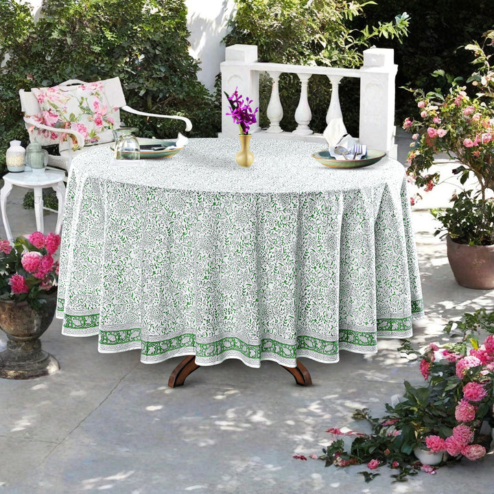 Sage Green Jaal Indian Hand-Block Floral Printed Tablecloth