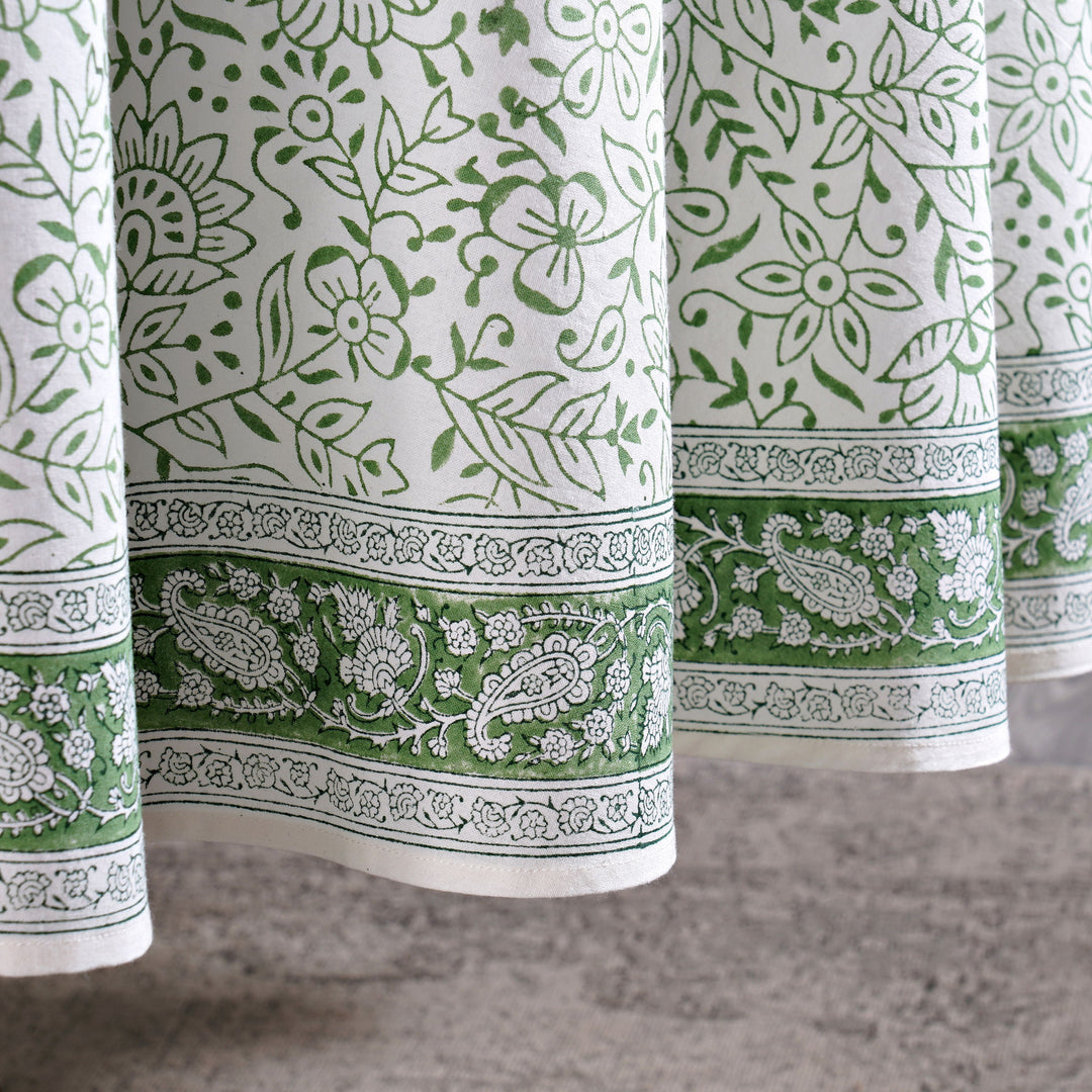 Sage Green Jaal Indian Hand-Block Floral Printed Tablecloth