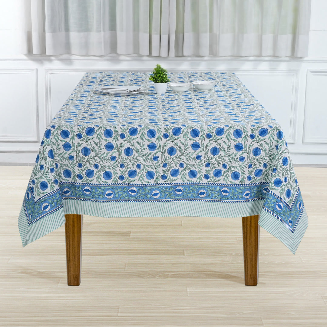 Queen Blue Indian Floral Hand Block Printed Cotton Tablecloth