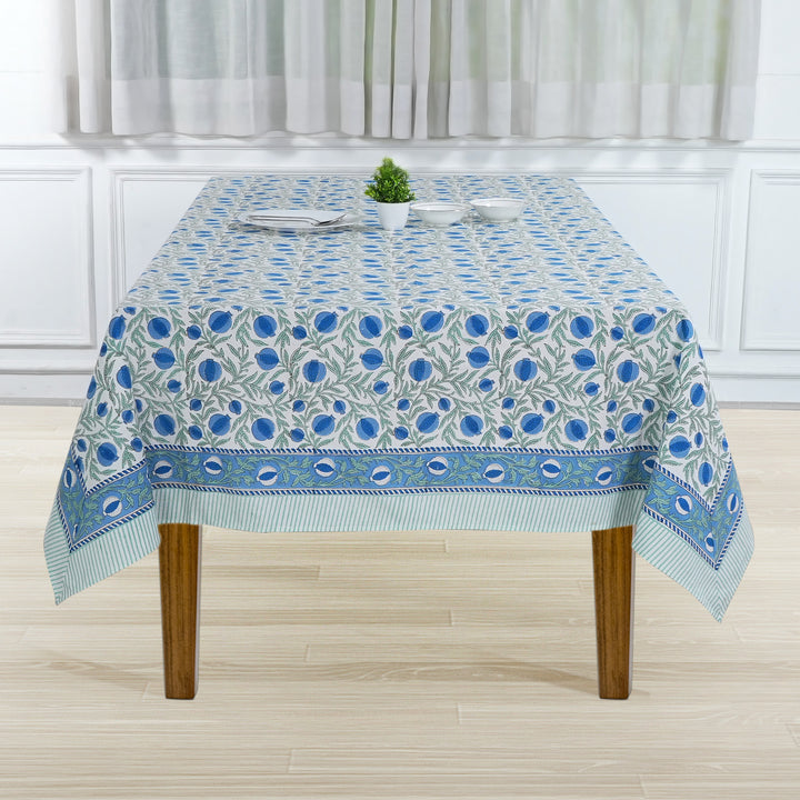 Fabricrush Tablecloth, Queen Blue, Celadon Green Indian Floral Hand Block Printed Table Cover, French Tablecloth, Pomegranate Print Dinning Tablecloth, Gift for her, gifts