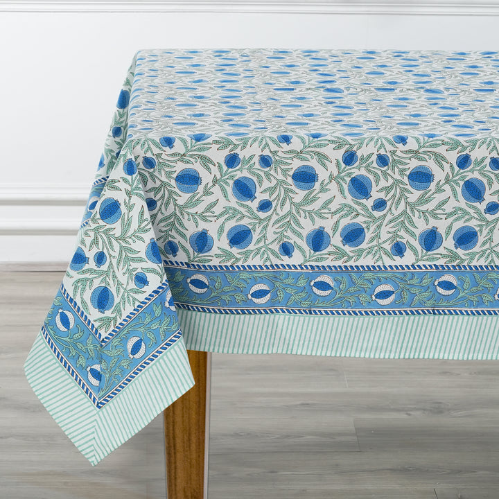 Queen Blue Indian Floral Hand Block Printed Cotton Tablecloth