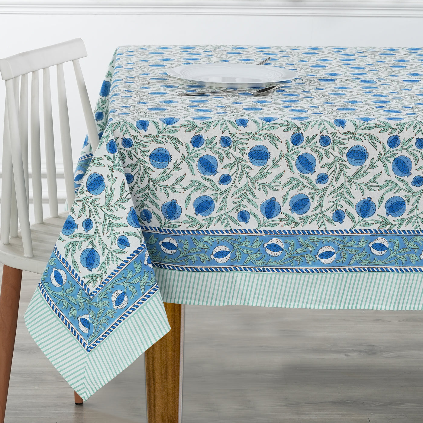 Fabricrush Tablecloth, Queen Blue, Celadon Green Indian Floral Hand Block Printed Table Cover, French Tablecloth, Pomegranate Print Dinning Tablecloth
