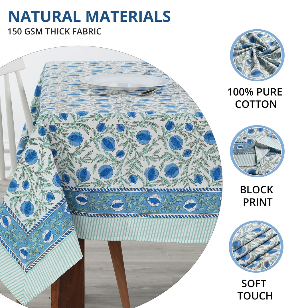 Queen Blue Indian Floral Hand Block Printed Cotton Tablecloth