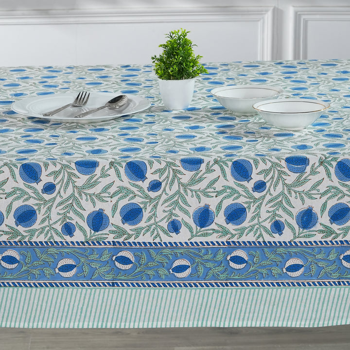 Queen Blue Indian Floral Hand Block Printed Cotton Tablecloth