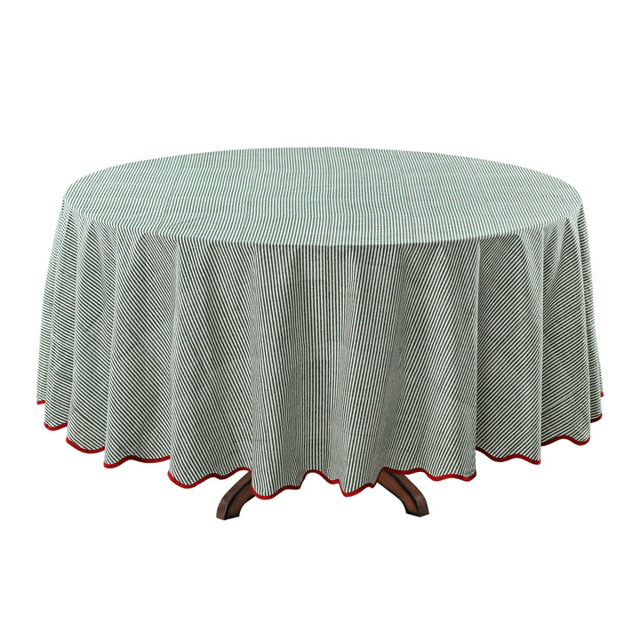 Green Stripes, Red Scallop Piping Round Tablecloth