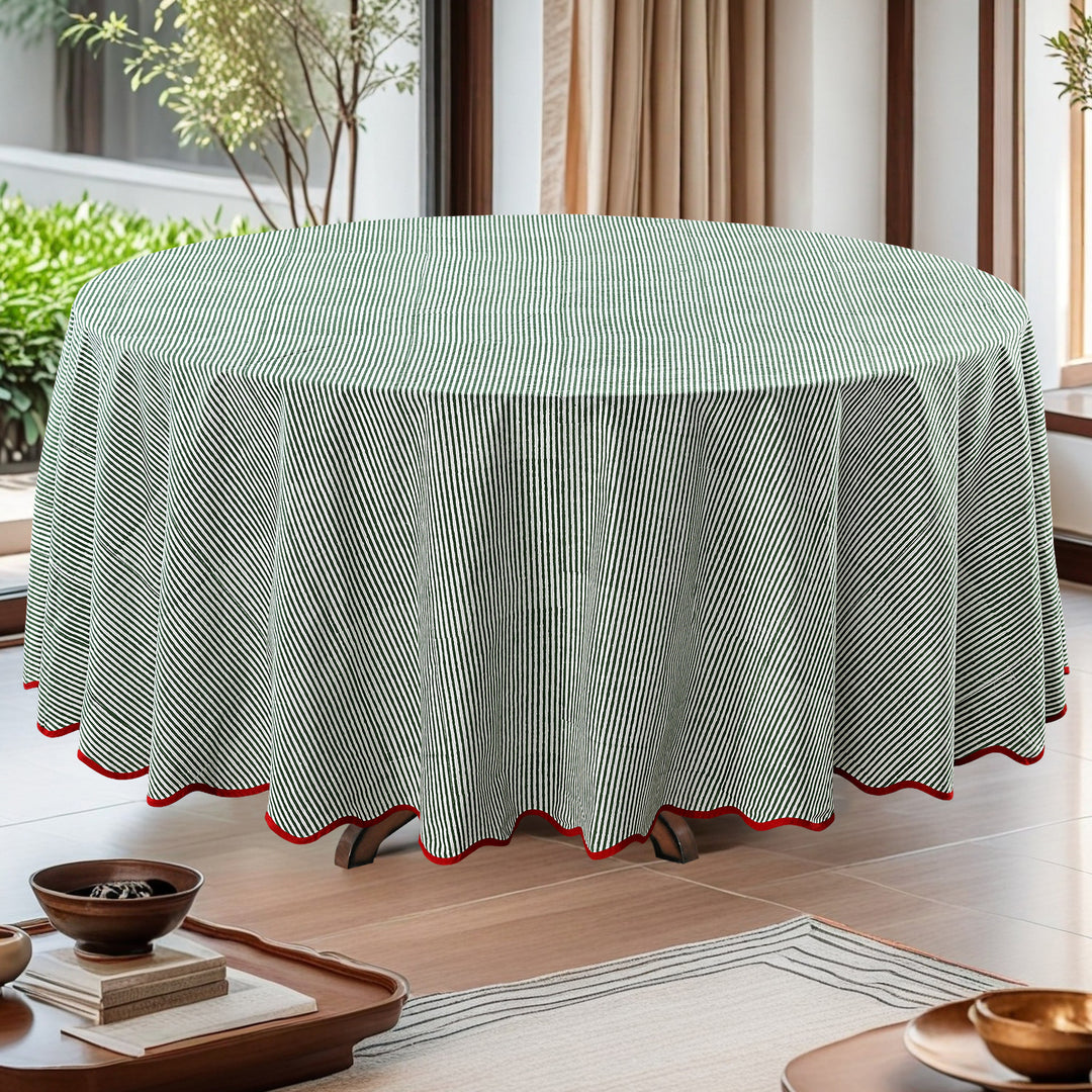 Green Stripes, Red Scallop Piping Round Tablecloth