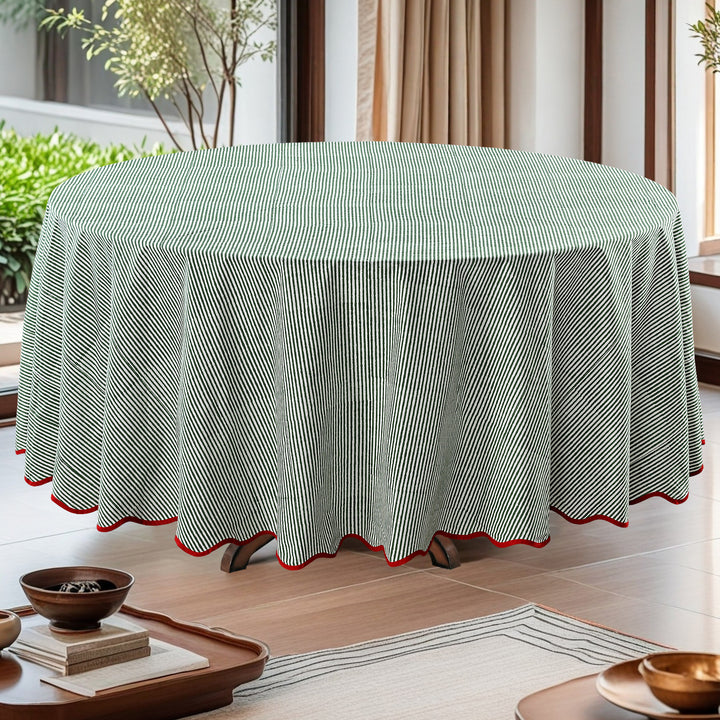 Green Stripes, Red Scallop Piping Round Tablecloth