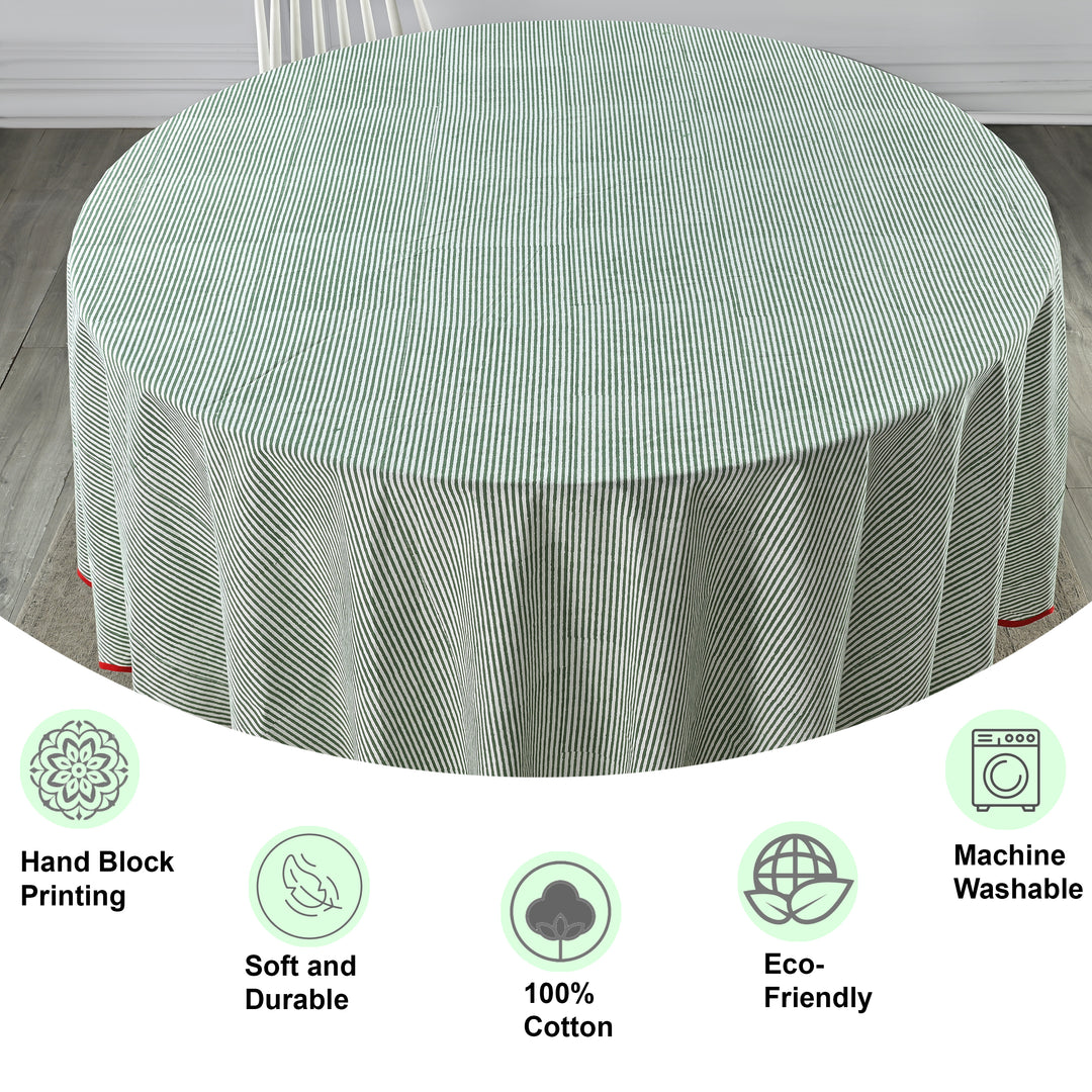 Green Stripes, Red Scallop Piping Round Tablecloth
