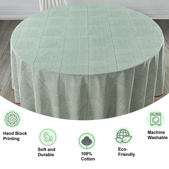 Green Stripes, Red Scallop Piping Round Tablecloth