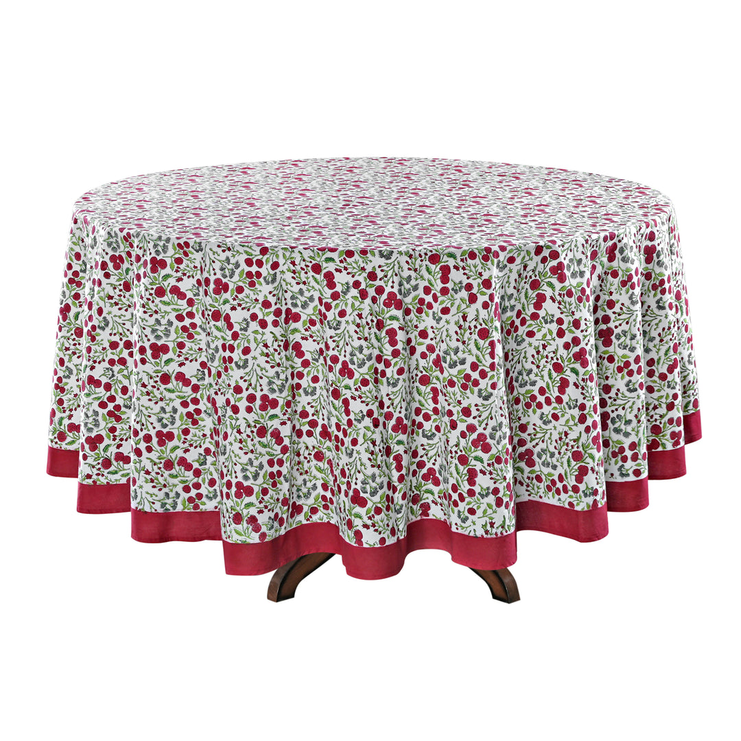 Garnet Red Cherry Print Hand-Block Printed Cotton Round Tablecloth