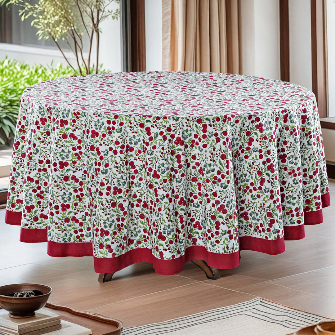 Garnet Red Cherry Print Hand-Block Printed Cotton Round Tablecloth