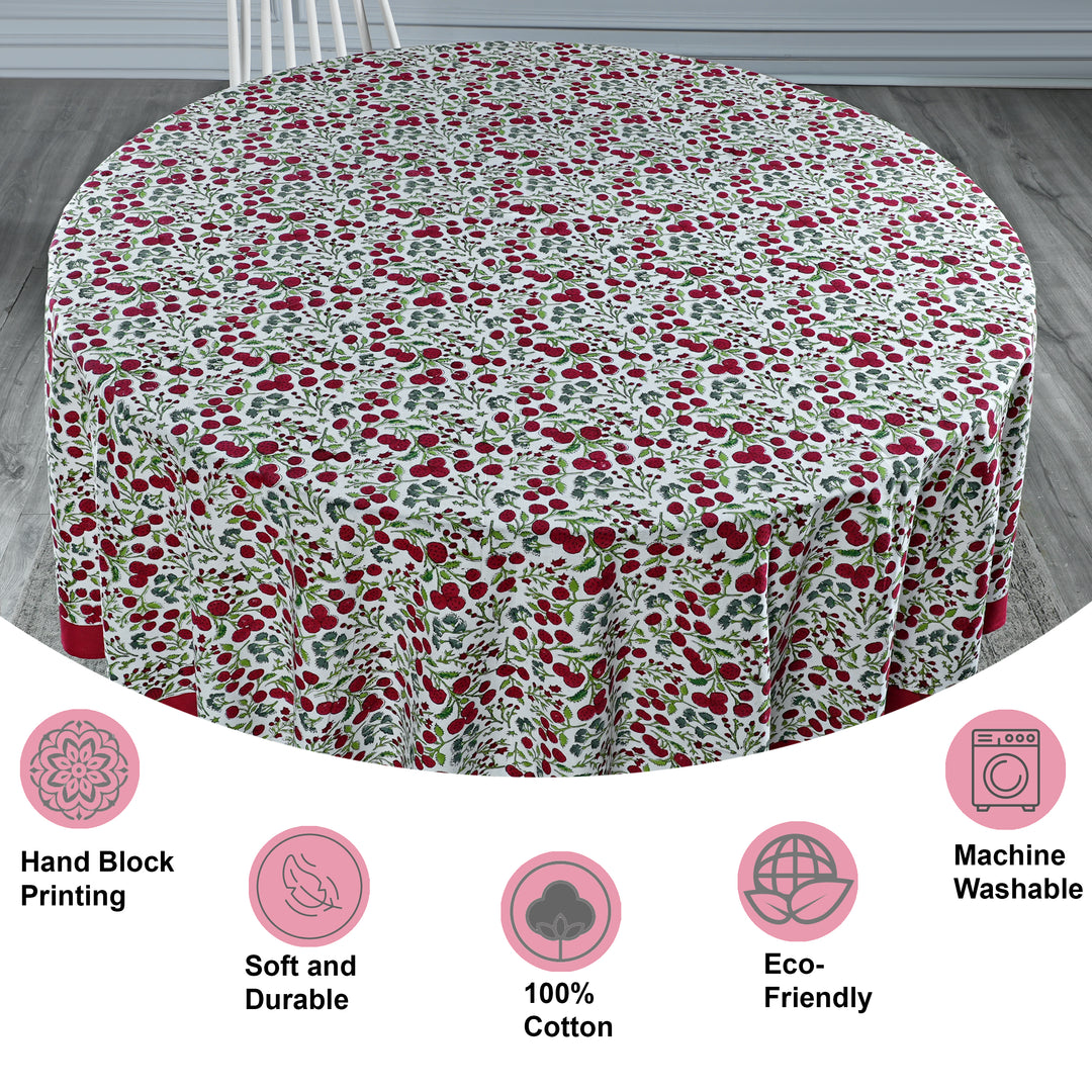 Garnet Red Cherry Print Hand-Block Printed Cotton Round Tablecloth