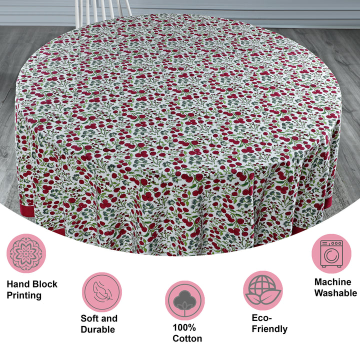 Garnet Red Cherry Print Hand-Block Printed Cotton Round Tablecloth