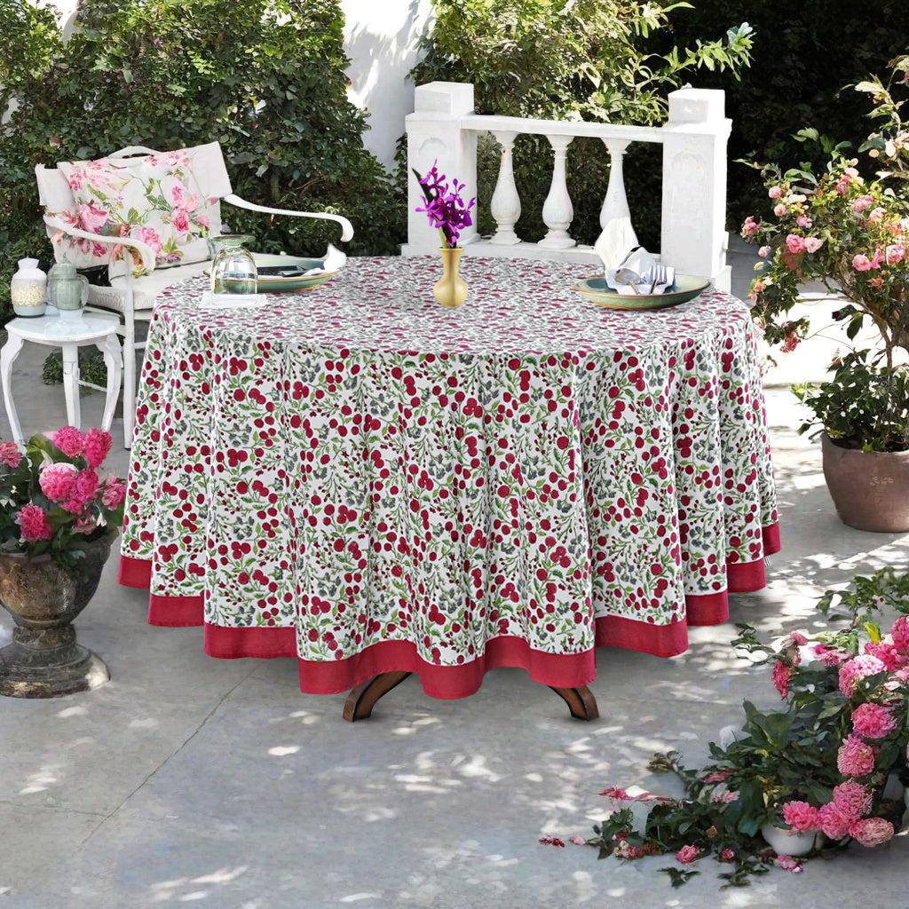 Garnet Red Cherry Print Hand-Block Printed Cotton Round Tablecloth