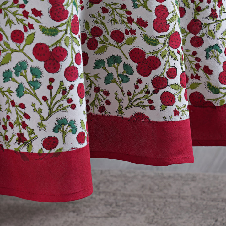 Garnet Red Cherry Print Hand-Block Printed Cotton Round Tablecloth