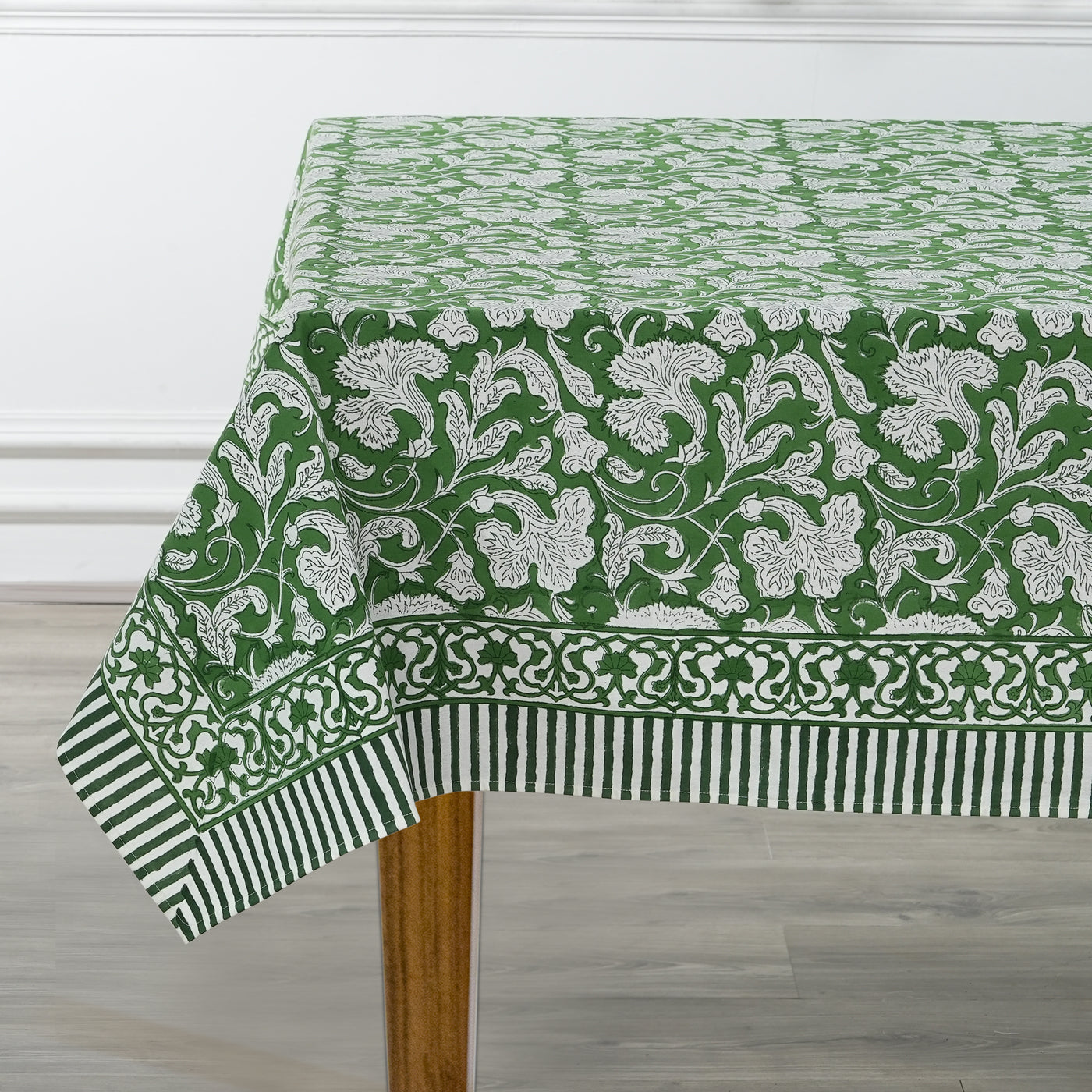Fabricrush Pantone Artichoke Green, Pink and Yellow Indian Floral Hand Block Printed Cotton Cloth Tablecloth, Table Cover, Farmhouse Wedding Events Home Party