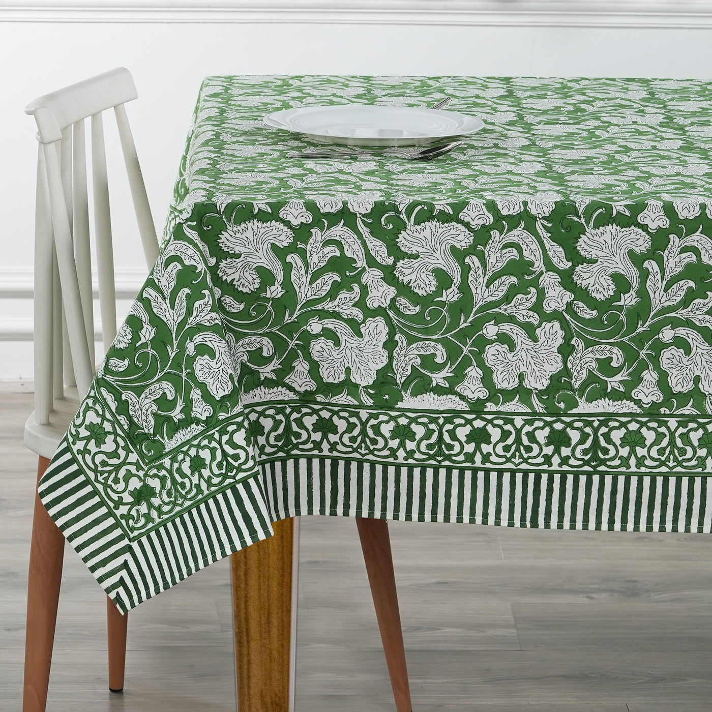 Fabricrush Pantone Artichoke Green, Pink and Yellow Indian Floral Hand Block Printed Cotton Cloth Tablecloth, Table Cover, Farmhouse Wedding Events Home Party