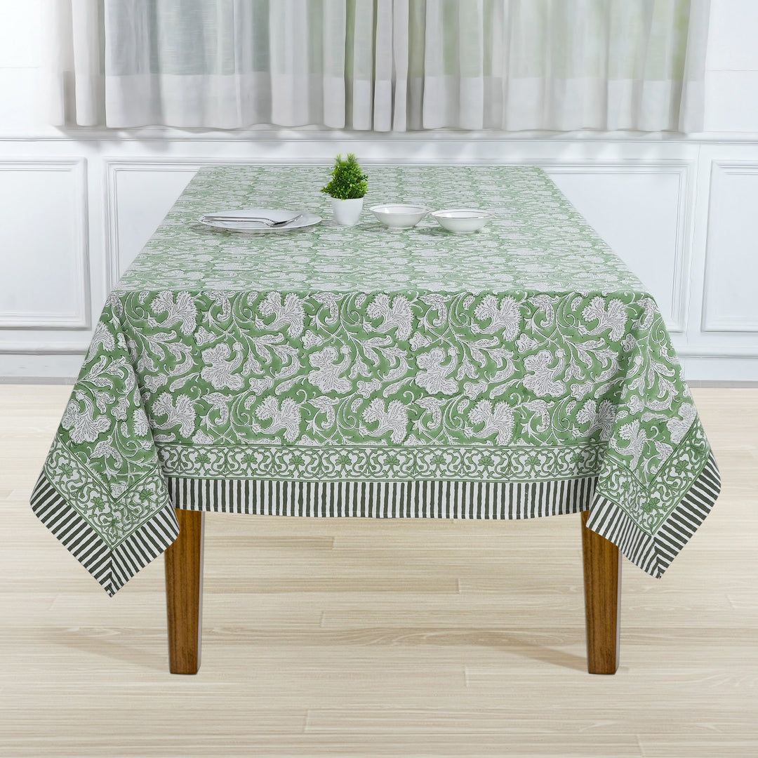 Sage Green Indian Floral Hand Block Printed Cotton Tablecloth