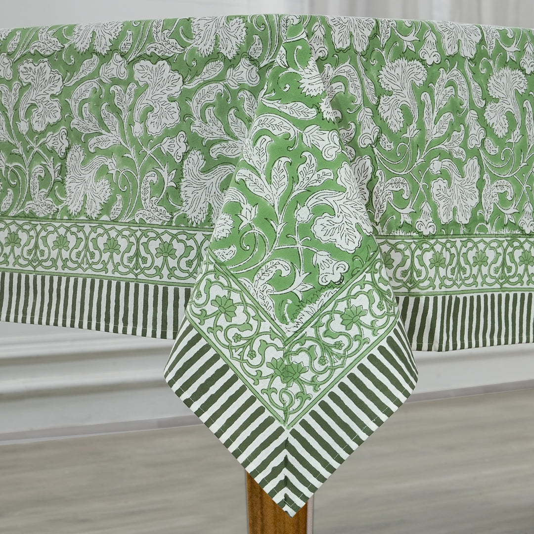 Sage Green Indian Floral Hand Block Printed Cotton Tablecloth