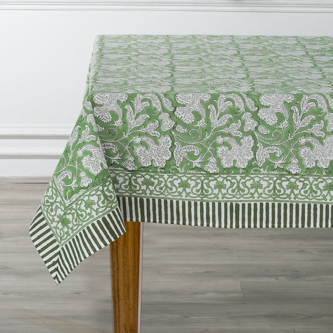 Sage Green Indian Floral Hand Block Printed Cotton Tablecloth