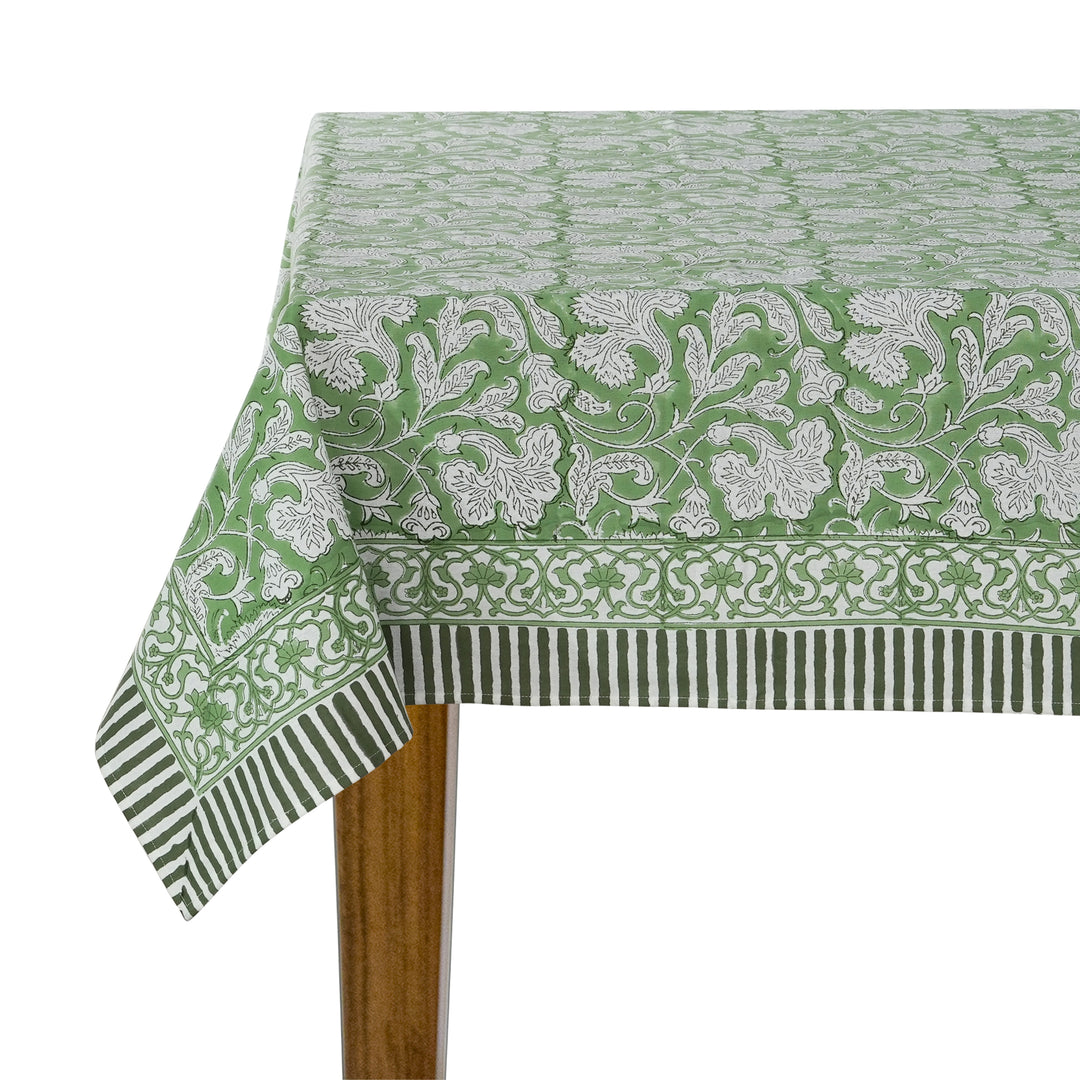 Sage Green Indian Floral Hand Block Printed Cotton Tablecloth