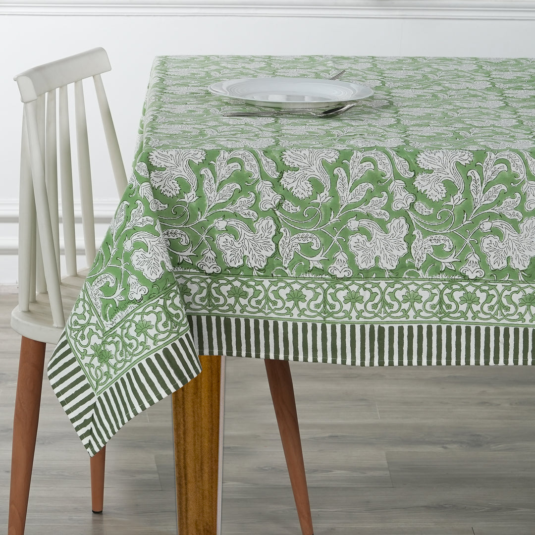 Sage Green Indian Floral Hand Block Printed Cotton Tablecloth