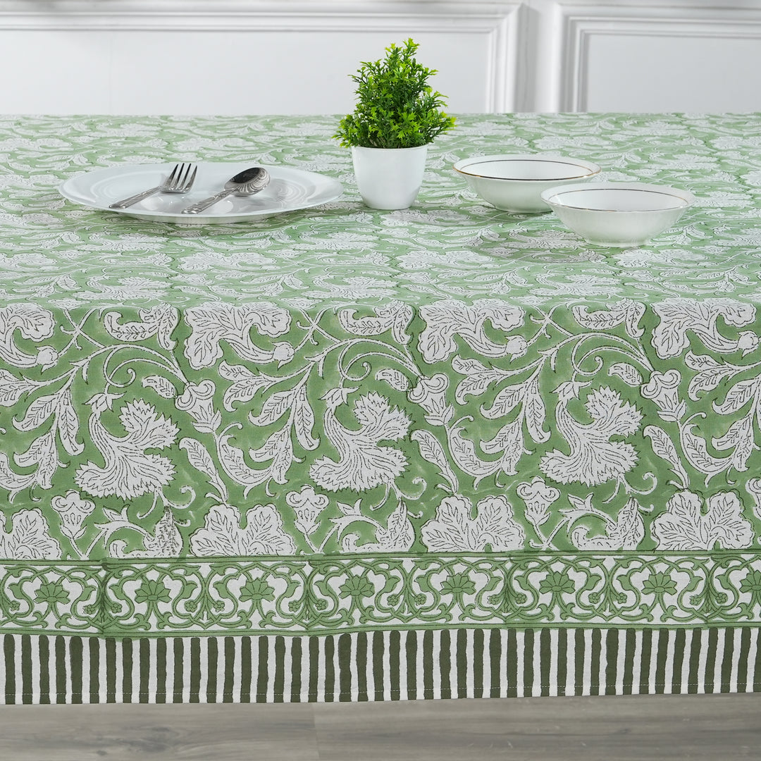 Sage Green Indian Floral Hand Block Printed Cotton Tablecloth